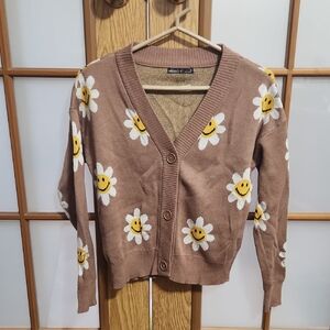 Nikka K  Brown Floral Smiley Face Cardigan Sweater Size Medium